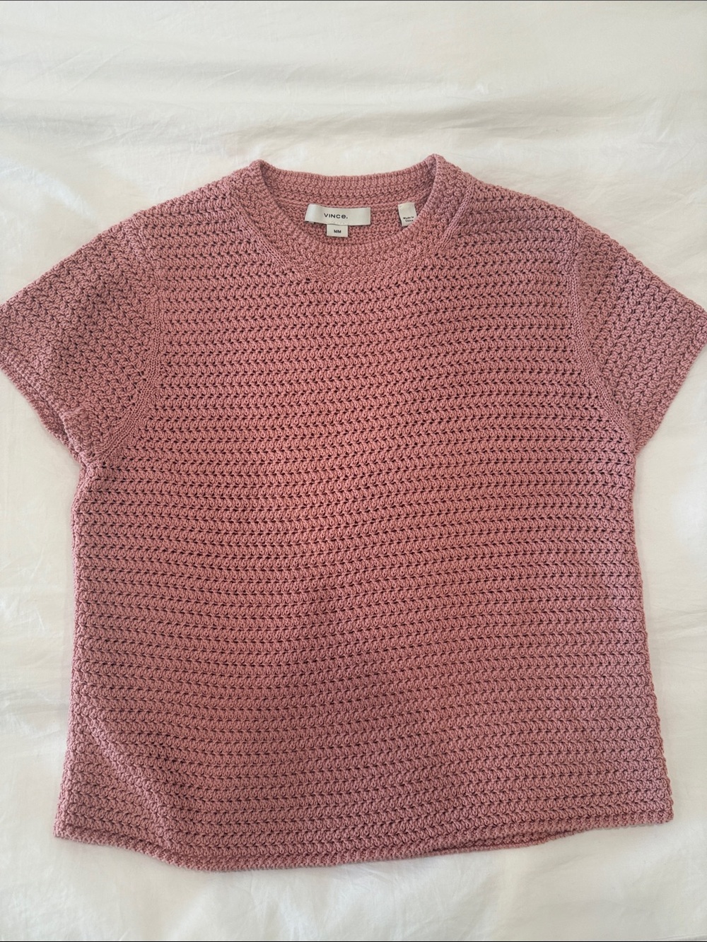 Vince Dusty Rose Crochet-Knit Short Sleeve Top